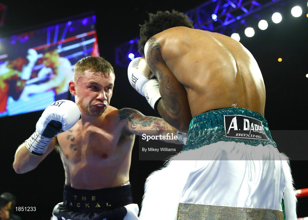 30 November 2019; Carl Frampton, left, and Tyler McCreary during their super-featherweight bout at the Cosmopolitan of Las Vegas in Las Vegas, Nevada, United States. Photo by Mikey Williams/Top Rank/Sportsfile