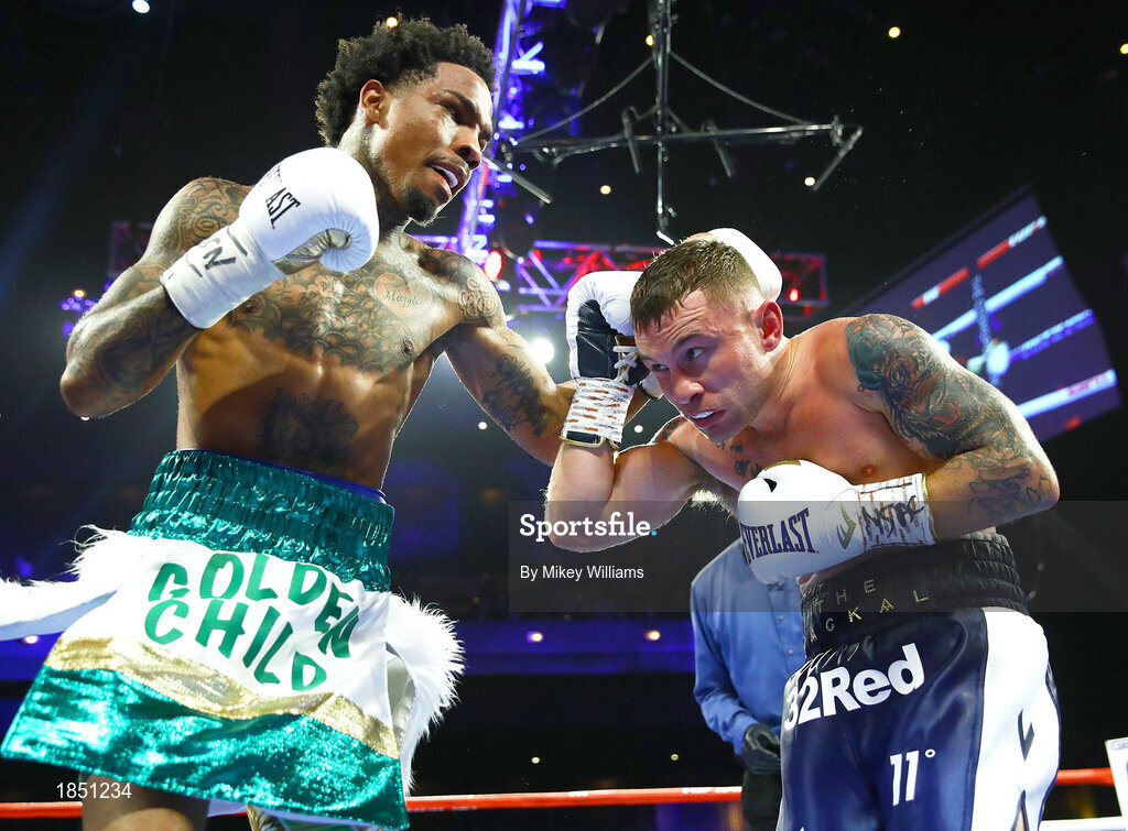 30 November 2019; Carl Frampton, right, and Tyler McCreary during their super-featherweight bout at the Cosmopolitan of Las Vegas in Las Vegas, Nevada, United States. Photo by Mikey Williams/Top Rank/Sportsfile