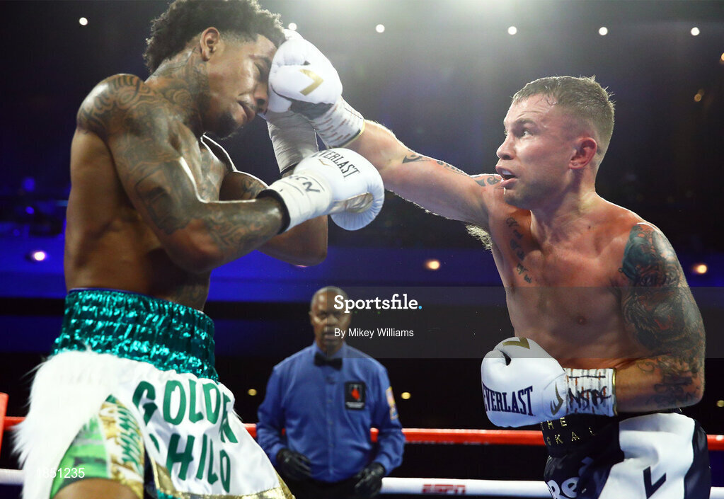 30 November 2019; Carl Frampton, right, and Tyler McCreary during their super-featherweight bout at the Cosmopolitan of Las Vegas in Las Vegas, Nevada, United States. Photo by Mikey Williams/Top Rank/Sportsfile
