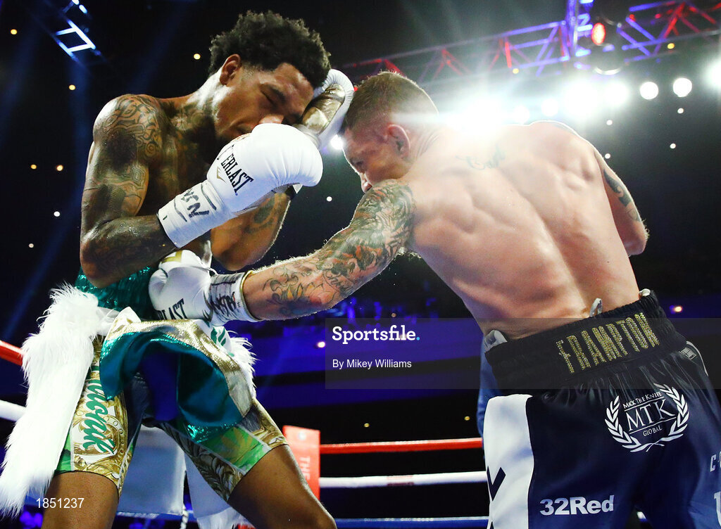 30 November 2019; Carl Frampton, right, and Tyler McCreary during their super-featherweight bout at the Cosmopolitan of Las Vegas in Las Vegas, Nevada, United States. Photo by Mikey Williams/Top Rank/Sportsfile