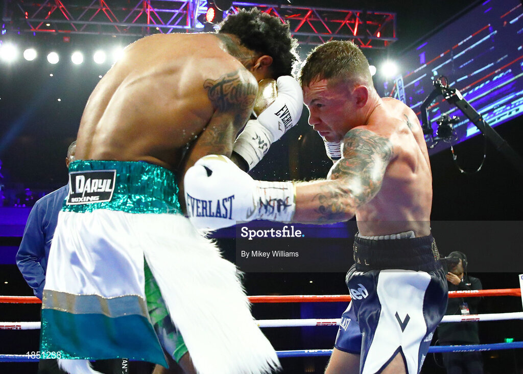 30 November 2019; Carl Frampton, right, and Tyler McCreary during their super-featherweight bout at the Cosmopolitan of Las Vegas in Las Vegas, Nevada, United States. Photo by Mikey Williams/Top Rank/Sportsfile