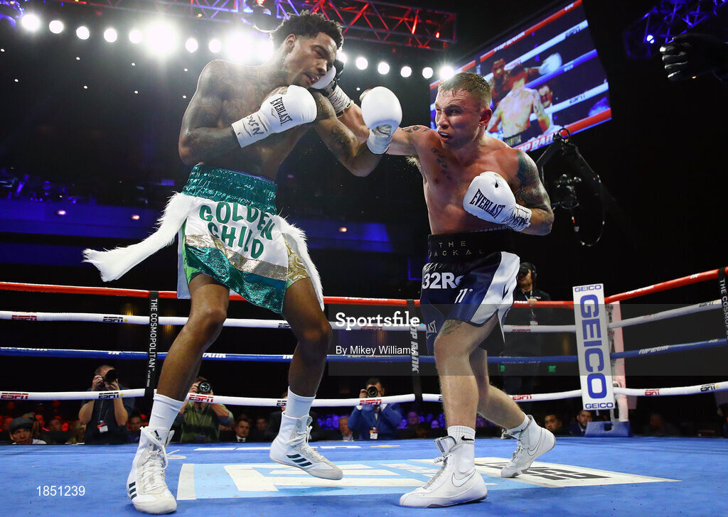 30 November 2019; Carl Frampton, right, and Tyler McCreary during their super-featherweight bout at the Cosmopolitan of Las Vegas in Las Vegas, Nevada, United States. Photo by Mikey Williams/Top Rank/Sportsfile