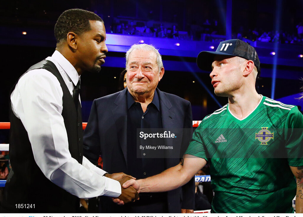 30 November 2019; Carl Frampton, right, with WBO junior lightweight title Champion Jamel Herring, left, and Top Rank CEO Bob Arum following his super-featherweight bout at the Cosmopolitan of Las Vegas in Las Vegas, Nevada, United States. Photo by Mikey Williams/Top Rank/Sportsfile