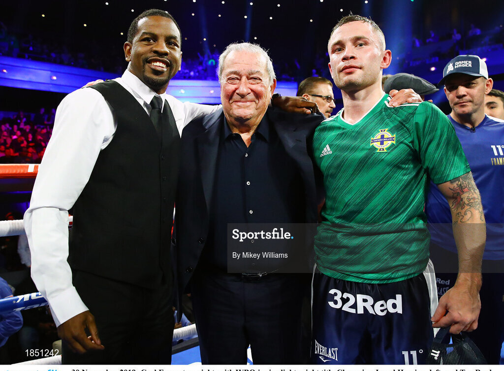 30 November 2019; Carl Frampton, right, with WBO junior lightweight title Champion Jamel Herring, left, and Top Rank CEO Bob Arum following his super-featherweight bout at the Cosmopolitan of Las Vegas in Las Vegas, Nevada, United States. Photo by Mikey Williams/Top Rank/Sportsfile