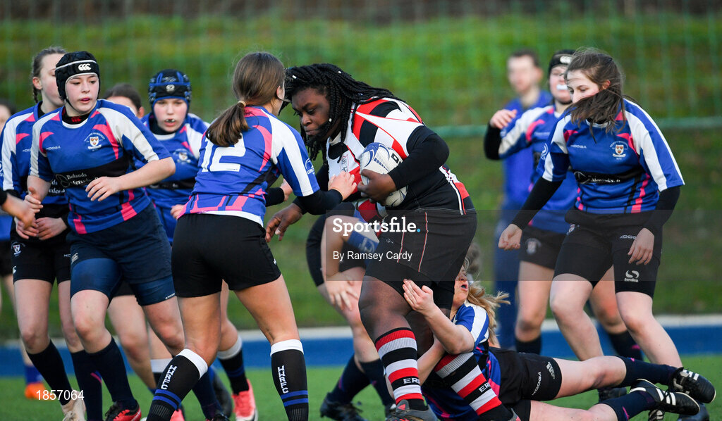 15 December 2019; Action during the Leinster Rugby Girls U16 Plate Final match between Enniscorthy and Wexford at Energia Park in Donnybrook, Dublin. Photo by Ramsey Cardy/Sportsfile