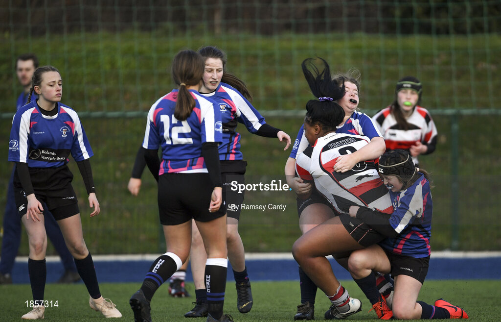 15 December 2019; Action during the Leinster Rugby Girls U16 Plate Final match between Enniscorthy and Wexford at Energia Park in Donnybrook, Dublin. Photo by Ramsey Cardy/Sportsfile
