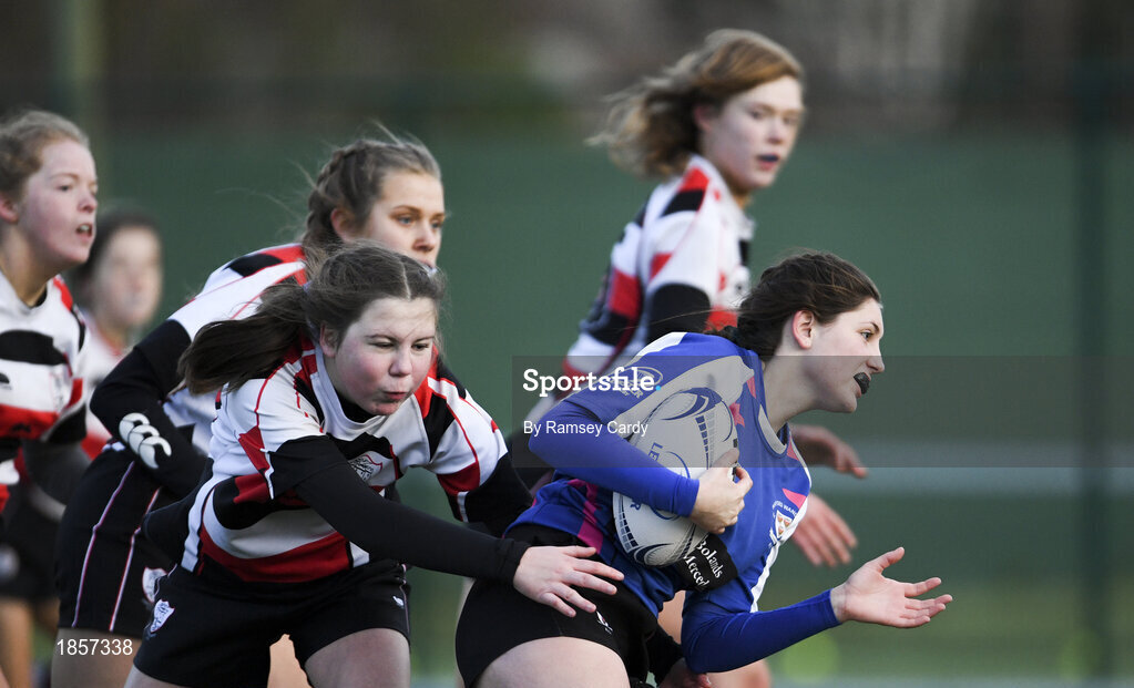 15 December 2019; Action during the Leinster Rugby Girls U16 Plate Final match between Enniscorthy and Wexford at Energia Park in Donnybrook, Dublin. Photo by Ramsey Cardy/Sportsfile