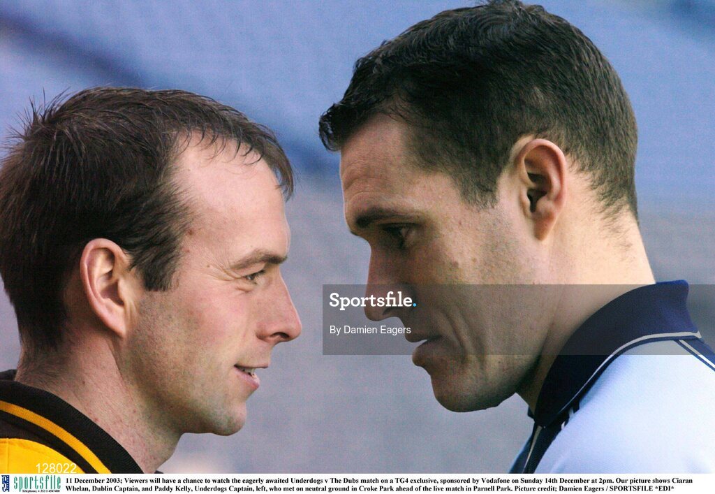 11 December 2003; Viewers will have a chance to watch the eagerly awaited Underdogs v The Dubs match on a TG4 exclusive, sponsored by Vodafone on Sunday 14th December at 2pm. Our picture shows Ciaran Whelan, Dublin Captain, and Paddy Kelly, Underdogs Captain, left, who met on neutral ground in Croke Park ahead of the live match in Parnell Park. Picture credit; Damien Eagers / SPORTSFILE *EDI*
