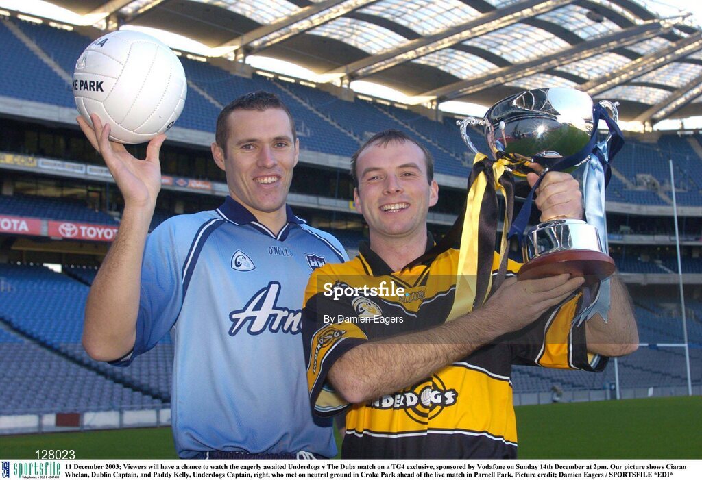 11 December 2003; Viewers will have a chance to watch the eagerly awaited Underdogs v The Dubs match on a TG4 exclusive, sponsored by Vodafone on Sunday 14th December at 2pm. Our picture shows Ciaran Whelan, Dublin Captain, and Paddy Kelly, Underdogs Captain, right, who met on neutral ground in Croke Park ahead of the live match in Parnell Park. Picture credit; Damien Eagers / SPORTSFILE *EDI*