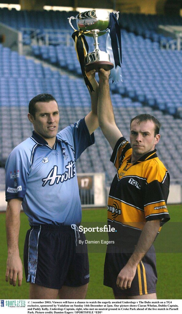 11 December 2003; Viewers will have a chance to watch the eagerly awaited Underdogs v The Dubs match on a TG4 exclusive, sponsored by Vodafone on Sunday 14th December at 2pm. Our picture shows Ciaran Whelan, Dublin Captain, and Paddy Kelly, Underdogs Captain, right, who met on neutral ground in Croke Park ahead of the live match in Parnell Park. Picture credit; Damien Eagers / SPORTSFILE *EDI*