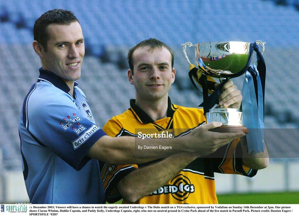 11 December 2003; Viewers will have a chance to watch the eagerly awaited Underdogs v The Dubs match on a TG4 exclusive, sponsored by Vodafone on Sunday 14th December at 2pm. Our picture shows Ciaran Whelan, Dublin Captain, and Paddy Kelly, Underdogs Captain, right, who met on neutral ground in Croke Park ahead of the live match in Parnell Park. Picture credit; Damien Eagers / SPORTSFILE *EDI*
