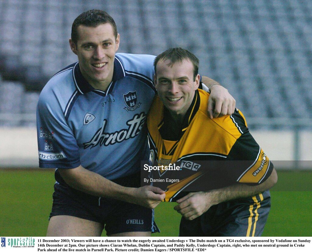 11 December 2003; Viewers will have a chance to watch the eagerly awaited Underdogs v The Dubs match on a TG4 exclusive, sponsored by Vodafone on Sunday 14th December at 2pm. Our picture shows Ciaran Whelan, Dublin Captain, and Paddy Kelly, Underdogs Captain, right, who met on neutral ground in Croke Park ahead of the live match in Parnell Park. Picture credit; Damien Eagers / SPORTSFILE *EDI*