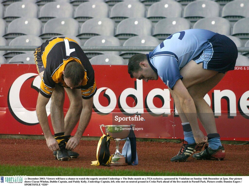 11 December 2003; Viewers will have a chance to watch the eagerly awaited Underdogs v The Dubs match on a TG4 exclusive, sponsored by Vodafone on Sunday 14th December at 2pm. Our picture shows Ciaran Whelan, Dublin Captain, and Paddy Kelly, Underdogs Captain, left, who met on neutral ground in Croke Park ahead of the live match in Parnell Park. Picture credit; Damien Eagers / SPORTSFILE *EDI*