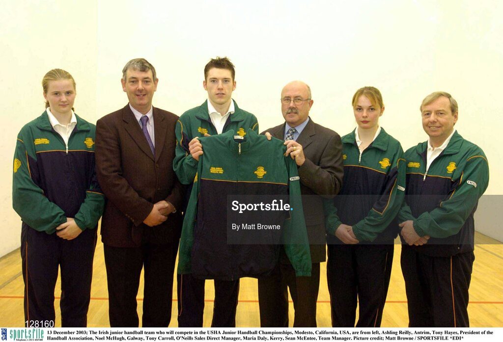 13 December 2003; The Irish junior handball team who will compete in the USHA Junior Handball Championships, Modesto, California, USA, are from left, Ashling Reilly, Antrim, Tony Hayes, President of the Handball Association, Noel McHugh, Galway, Tony Carroll, O'Neills Sales Direct Manager, Maria Daly, Kerry, Sean McEntee, Team Manager. Picture credit; Matt Browne / SPORTSFILE