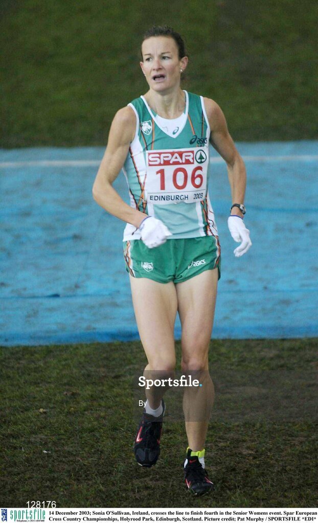 14 December 2003; Sonia O'Sullivan, Ireland, crosses the line to finish fourth in the Senior Womens event. Spar European Cross Country Championships, Holyrood Park, Edinburgh, Scotland. Picture credit; Pat Murphy / SPORTSFILE *EDI*
