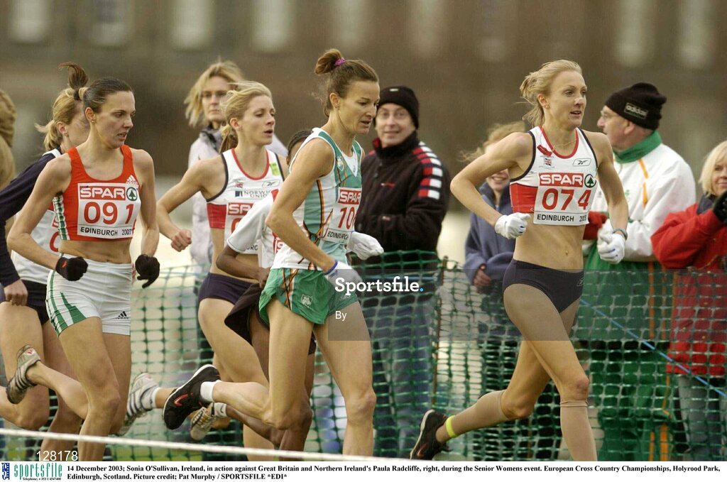 14 December 2003; Sonia O'Sullivan, Ireland, in action against Great Britain and Northern Ireland's Paula Radcliffe, right, during the Senior Womens event. European Cross Country Championships, Holyrood Park, Edinburgh, Scotland. Picture credit; Pat Murphy / SPORTSFILE *EDI*