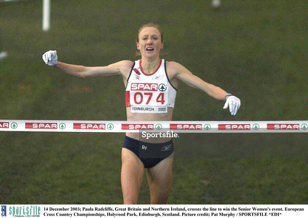 14 December 2003; Paula Radcliffe, Great Britain and Northern Ireland, crosses the line to win the Senior Women's event. European Cross Country Championships, Holyrood Park, Edinburgh, Scotland. Picture credit; Pat Murphy / SPORTSFILE *EDI*