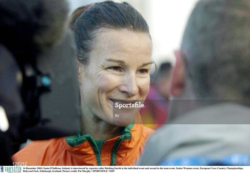 14 December 2003; Sonia O'Sullivan, Ireland, is interviewed by reporters after finishing fourth in the individual event and second in the team event. Senior Womens event, European Cross Country Championships, Holyrood Park, Edinburgh, Scotland. Picture credit; Pat Murphy / SPORTSFILE *EDI*