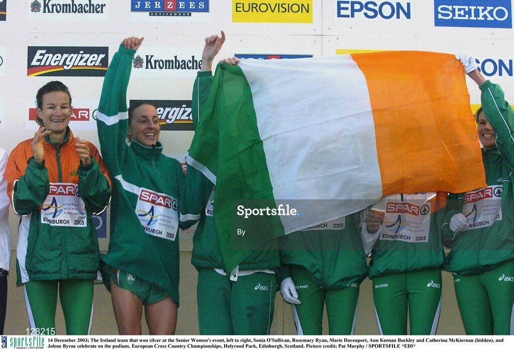 14 December 2003; The Ireland team that won silver at the Senior Women's event, left to right, Sonia O'Sullivan, Rosemary Ryan, Marie Davenport, Ann Keenan Buckley and Catherina McKiernan (hidden), and Jolene Byrne celebrate on the podium. European Cross Country Championships, Holyrood Park, Edinburgh, Scotland. Picture credit; Pat Murphy / SPORTSFILE *EDI*