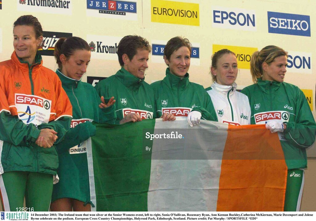 14 December 2003; The Ireland team that won silver at the Senior Womens event, left to right, Sonia O'Sullivan, Rosemary Ryan, Ann Keenan Buckley,Catherina McKiernan, Marie Davenport and Jolene Byrne celebrate on the podium. European Cross Country Championships, Holyrood Park, Edinburgh, Scotland. Picture credit; Pat Murphy / SPORTSFILE *EDI*