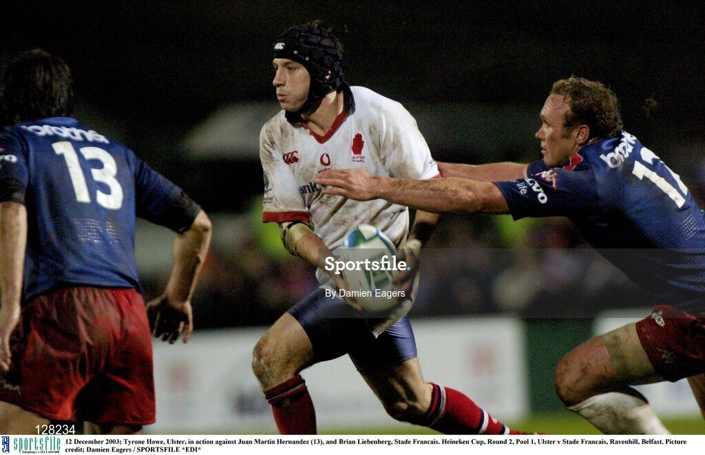 12 December 2003; Tyrone Howe, Ulster, in action against Juan Martin Hernandez (13), and Brian Liebenberg, Stade Francais. Heineken Cup, Round 2, Pool 1, Ulster v Stade Francais, Ravenhill, Belfast. Picture credit; Damien Eagers / SPORTSFILE *EDI*