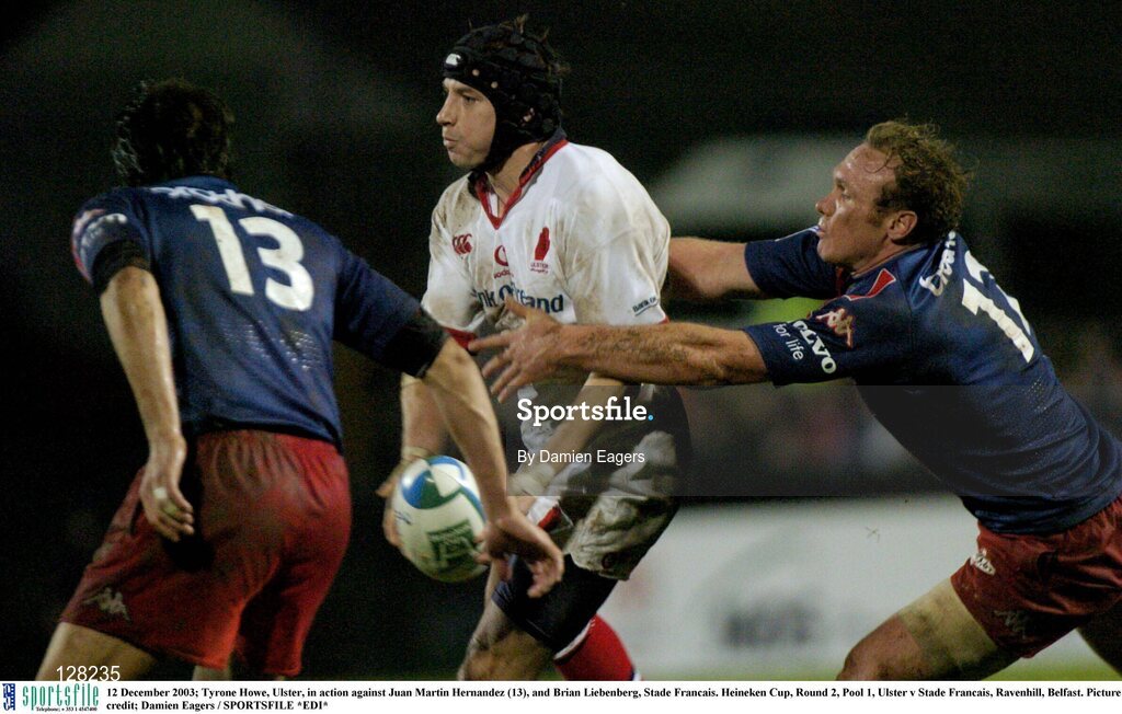 12 December 2003; Tyrone Howe, Ulster, in action against Juan Martin Hernandez (13), and Brian Liebenberg, Stade Francais. Heineken Cup, Round 2, Pool 1, Ulster v Stade Francais, Ravenhill, Belfast. Picture credit; Damien Eagers / SPORTSFILE *EDI*