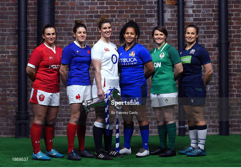 22 January 2020; Captains, from left, Siwan Lillicrap of Wales, Gaelle Hermet of France, Sarah Hunter of England, Giada Franco of Italy, Ciara Griffin of Ireland, and Rachel Malcolm of Scotland during the Guinness Six Nations Rugby Championship Launch 2020 at Tobacco Dock in London, England. Photo by Ramsey Cardy/Sportsfile
