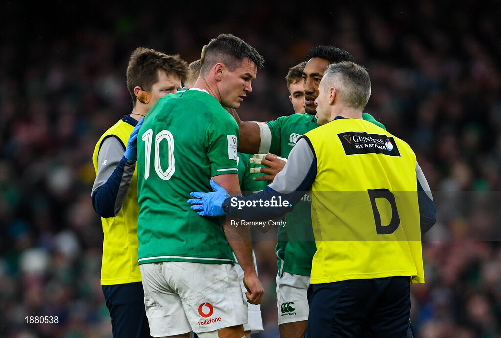 8 February 2020; Jonathan Sexton of Ireland is treated for an injury during the Guinness Six Nations Rugby Championship match between Ireland and Wales at the Aviva Stadium in Dublin. Photo by Ramsey Cardy/Sportsfile