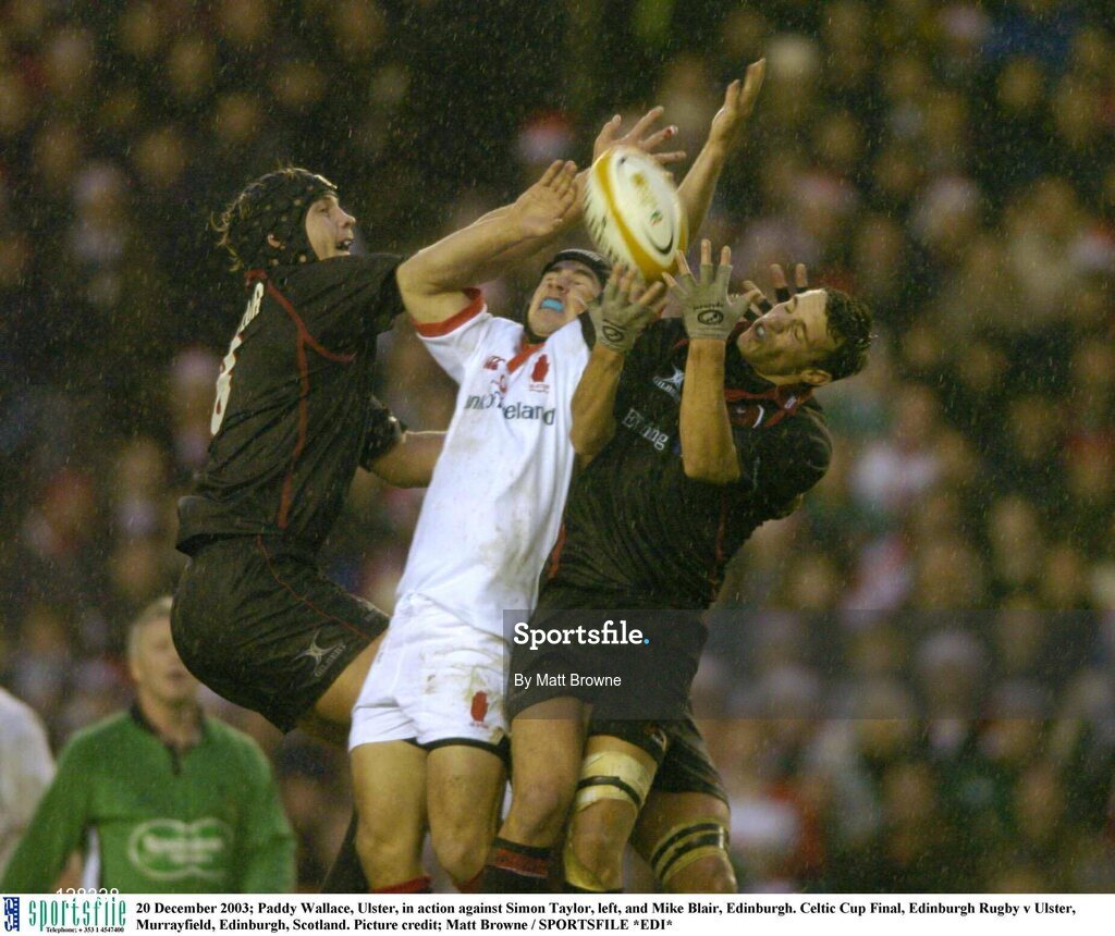 20 December 2003; Paddy Wallace, Ulster, in action against Simon Taylor, left, and Mike Blair, Edinburgh. Celtic Cup Final, Edinburgh Rugby v Ulster, Murrayfield, Edinburgh, Scotland. Picture credit; Matt Browne / SPORTSFILE *EDI*