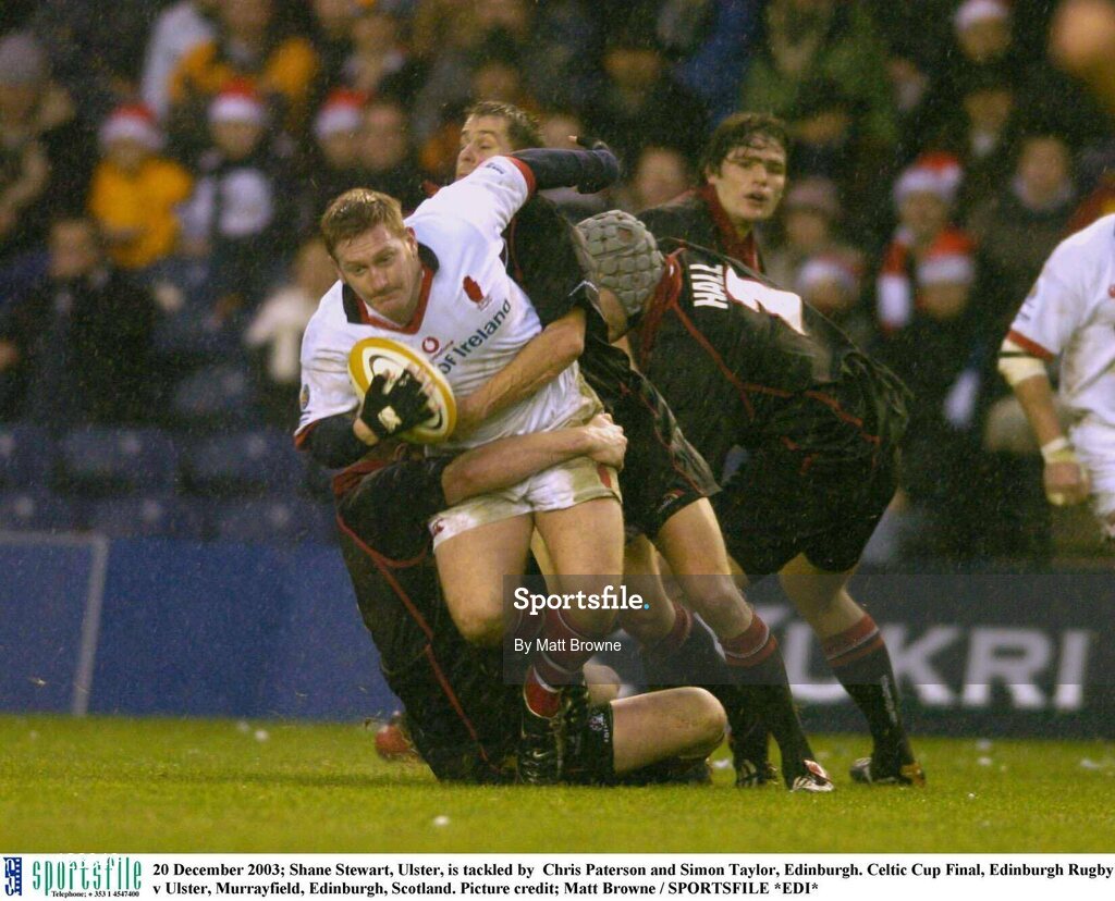 20 December 2003; Shane Stewart, Ulster, is tackled by  Chris Paterson and Simon Taylor, Edinburgh. Celtic Cup Final, Edinburgh Rugby v Ulster, Murrayfield, Edinburgh, Scotland. Picture credit; Matt Browne / SPORTSFILE *EDI*