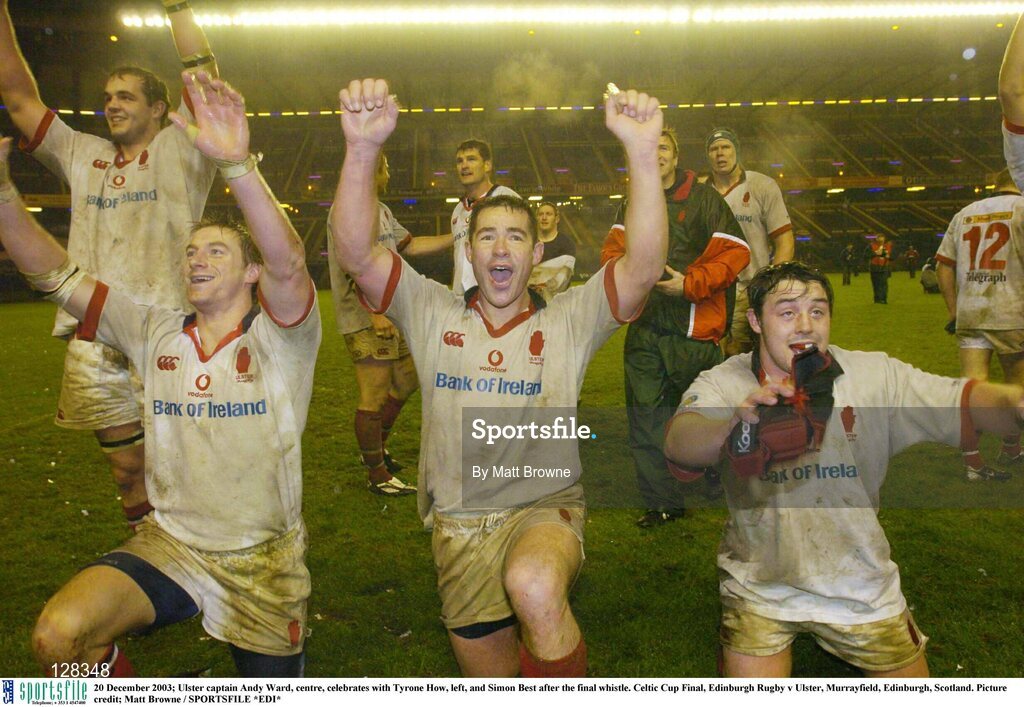 20 December 2003; Ulster captain Andy Ward, centre, celebrates with Tyrone How, left, and Simon Best after the final whistle. Celtic Cup Final, Edinburgh Rugby v Ulster, Murrayfield, Edinburgh, Scotland. Picture credit; Matt Browne / SPORTSFILE *EDI*
