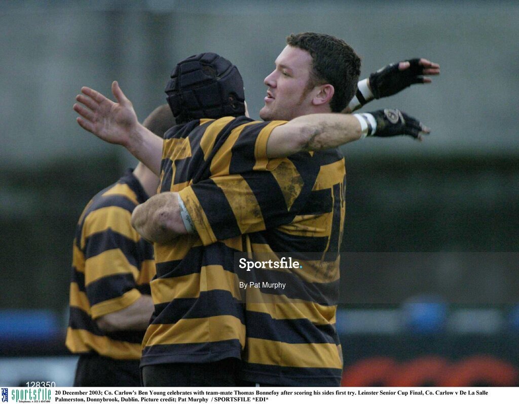 20 December 2003; Co. Carlow's Ben Young celebrates with team-mate Thomas Bonnefoy after scoring his sides first try. Leinster Senior Cup Final, Co. Carlow v De La Salle Palmerston, Donnybrook, Dublin. Picture credit; Pat Murphy  / SPORTSFILE *EDI*