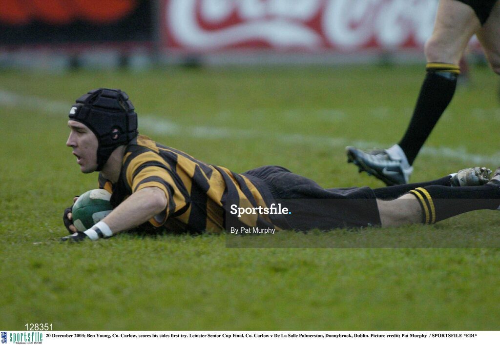 20 December 2003; Ben Young, Co. Carlow, scores his sides first try. Leinster Senior Cup Final, Co. Carlow v De La Salle Palmerston, Donnybrook, Dublin. Picture credit; Pat Murphy  / SPORTSFILE *EDI*