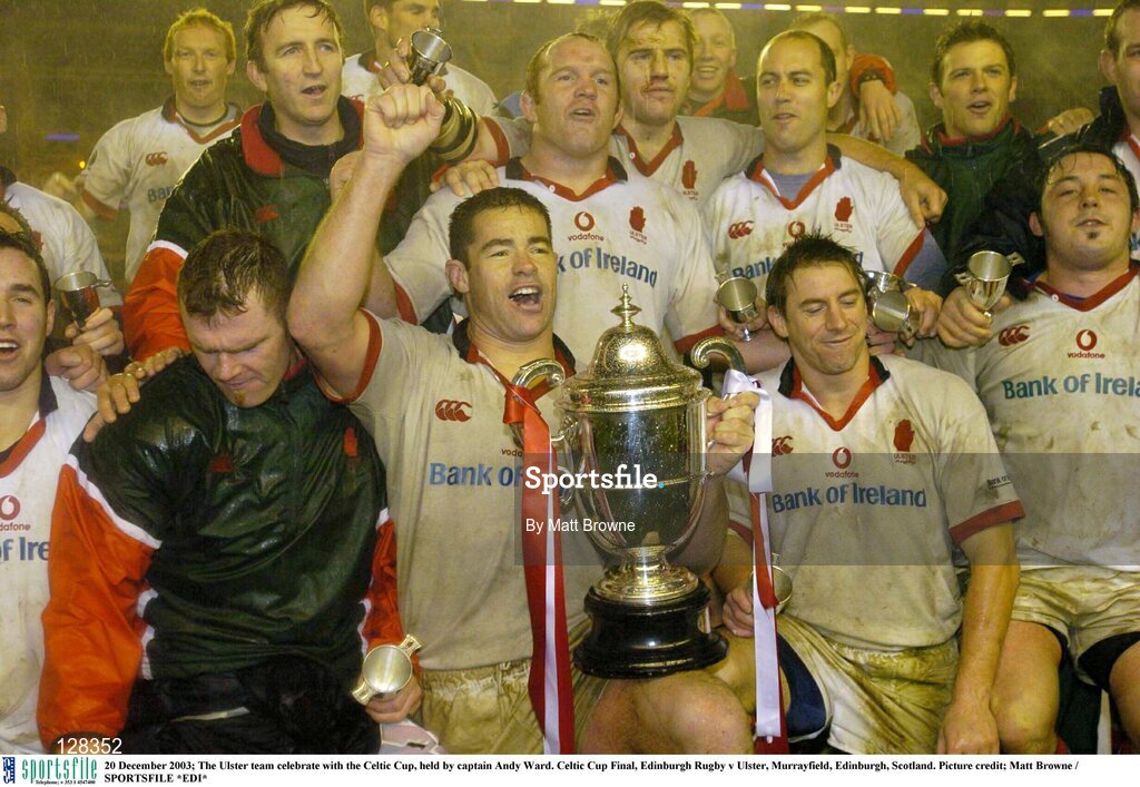 20 December 2003; The Ulster team celebrate with the Celtic Cup, held by captain Andy Ward. Celtic Cup Final, Edinburgh Rugby v Ulster, Murrayfield, Edinburgh, Scotland. Picture credit; Matt Browne / SPORTSFILE *EDI*