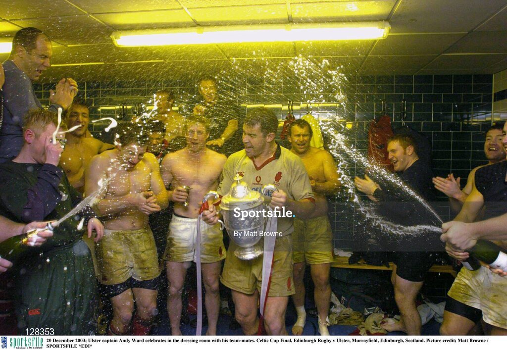 20 December 2003; Ulster captain Andy Ward celebrates in the dressing room with his team-mates. Celtic Cup Final, Edinburgh Rugby v Ulster, Murrayfield, Edinburgh, Scotland. Picture credit; Matt Browne / SPORTSFILE *EDI*