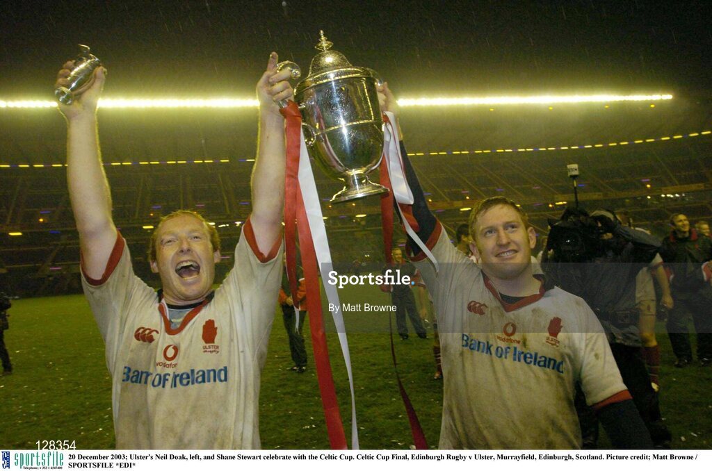 20 December 2003; Ulster's Neil Doak, left, and Shane Stewart celebrate with the Celtic Cup. Celtic Cup Final, Edinburgh Rugby v Ulster, Murrayfield, Edinburgh, Scotland. Picture credit; Matt Browne / SPORTSFILE *EDI*