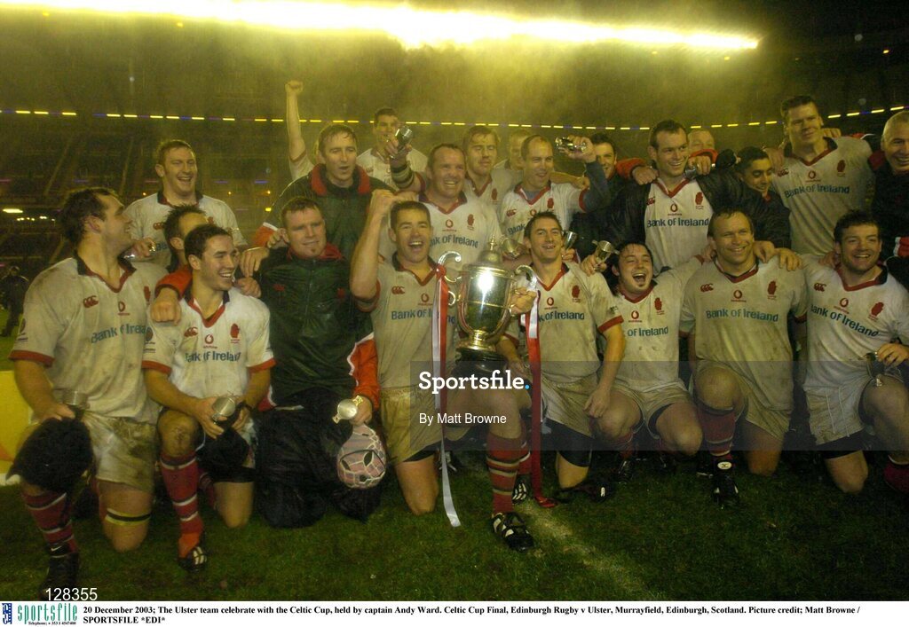 20 December 2003; The Ulster team celebrate with the Celtic Cup, held by captain Andy Ward. Celtic Cup Final, Edinburgh Rugby v Ulster, Murrayfield, Edinburgh, Scotland. Picture credit; Matt Browne / SPORTSFILE *EDI*
