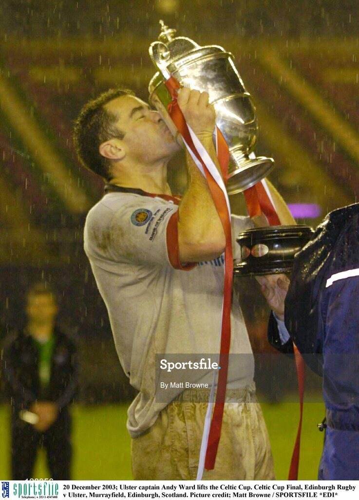 20 December 2003; Ulster captain Andy Ward lifts the Celtic Cup. Celtic Cup Final, Edinburgh Rugby v Ulster, Murrayfield, Edinburgh, Scotland. Picture credit; Matt Browne / SPORTSFILE *EDI*