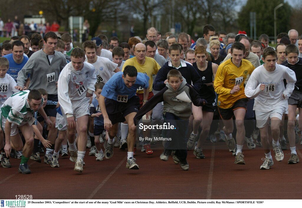 25 December 2003; 'Compeditors' at the start of one of the many 'Goal Mile' races on Christmas Day. Athletics. Belfield, UCD, Dublin. Picture credit; Ray McManus / SPORTSFILE *EDI*