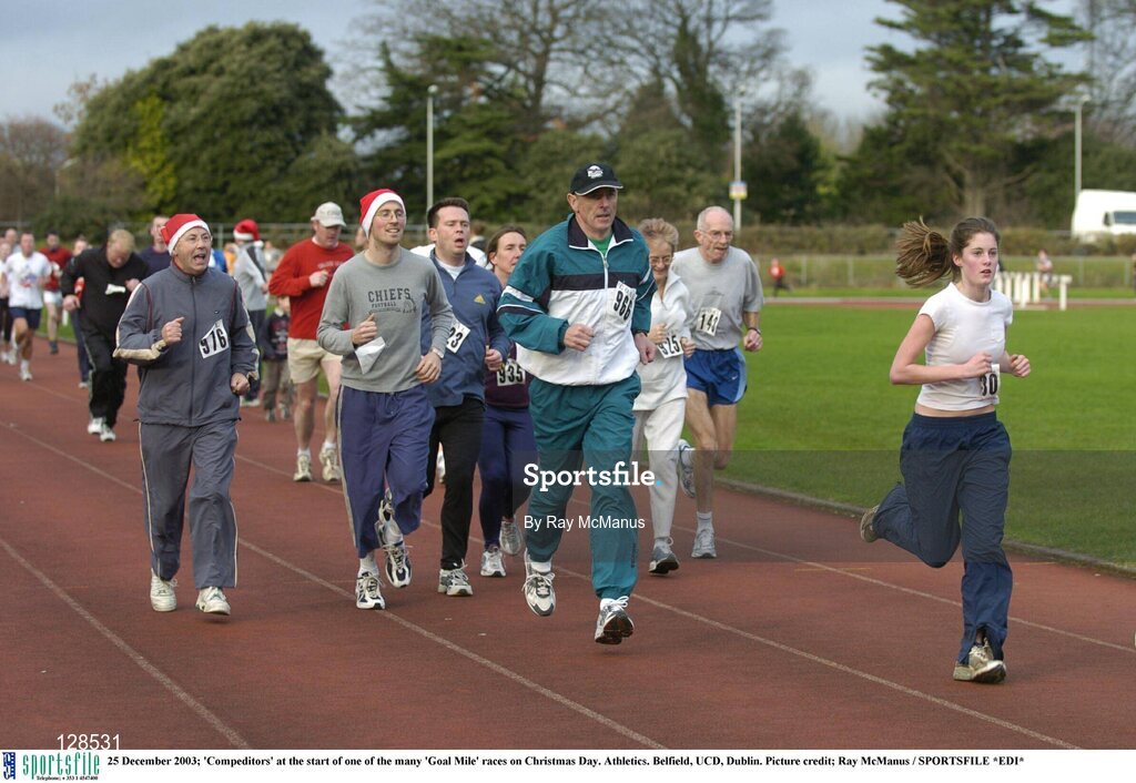 25 December 2003; 'Compeditors' at the start of one of the many 'Goal Mile' races on Christmas Day. Athletics. Belfield, UCD, Dublin. Picture credit; Ray McManus / SPORTSFILE *EDI*