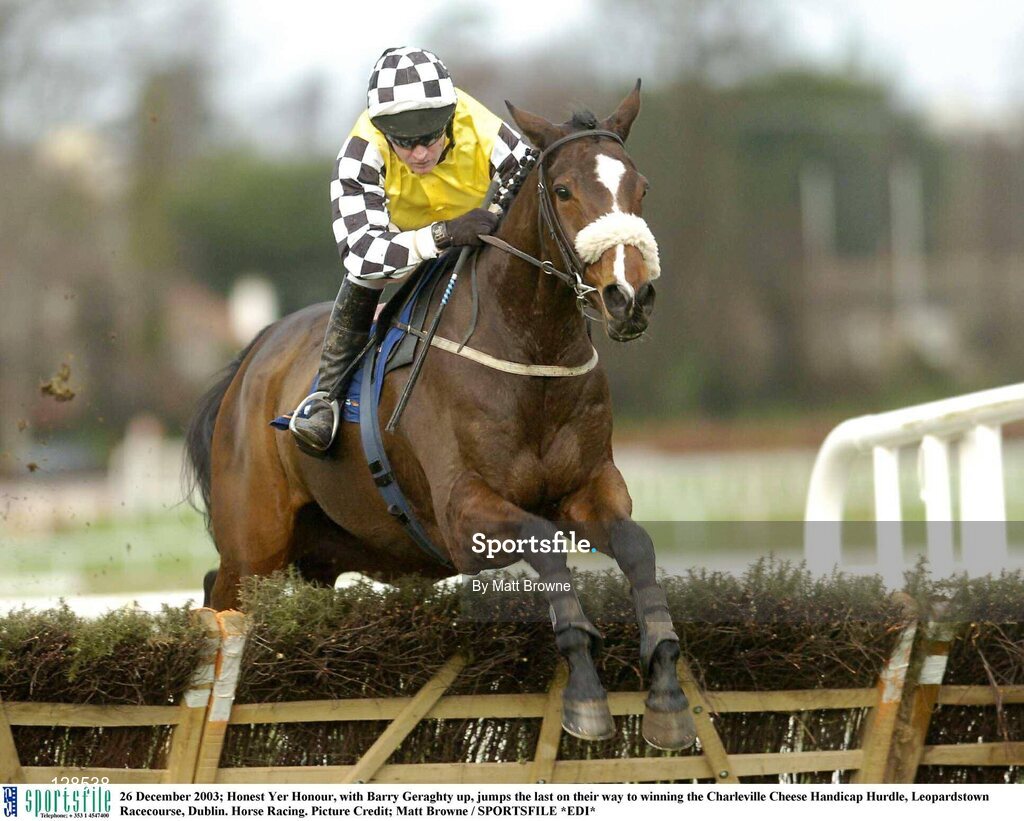 26 December 2003; Honest Yer Honour, with Barry Geraghty up, jumps the last on their way to winning the Charleville Cheese Handicap Hurdle, Leopardstown Racecourse, Dublin. Horse Racing. Picture Credit; Matt Browne / SPORTSFILE *EDI*