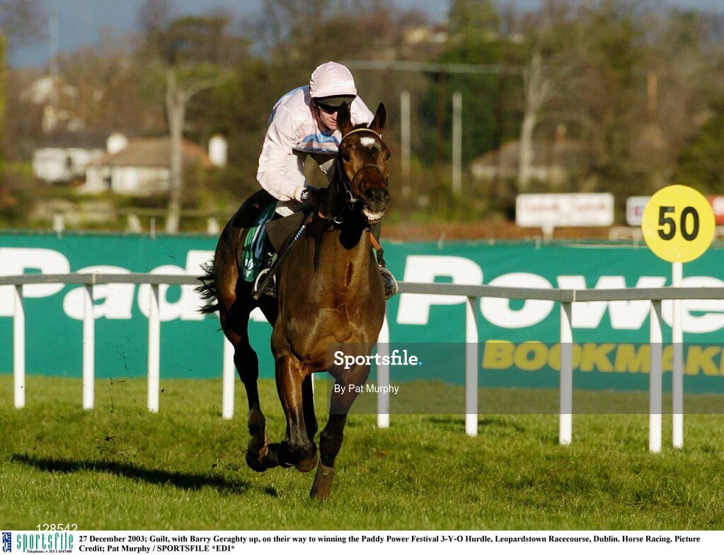 27 December 2003; Guilt, with Barry Geraghty up, on their way to winning the Paddy Power Festival 3-Y-O Hurdle, Leopardstown Racecourse, Dublin. Horse Racing. Picture Credit; Pat Murphy / SPORTSFILE *EDI*
