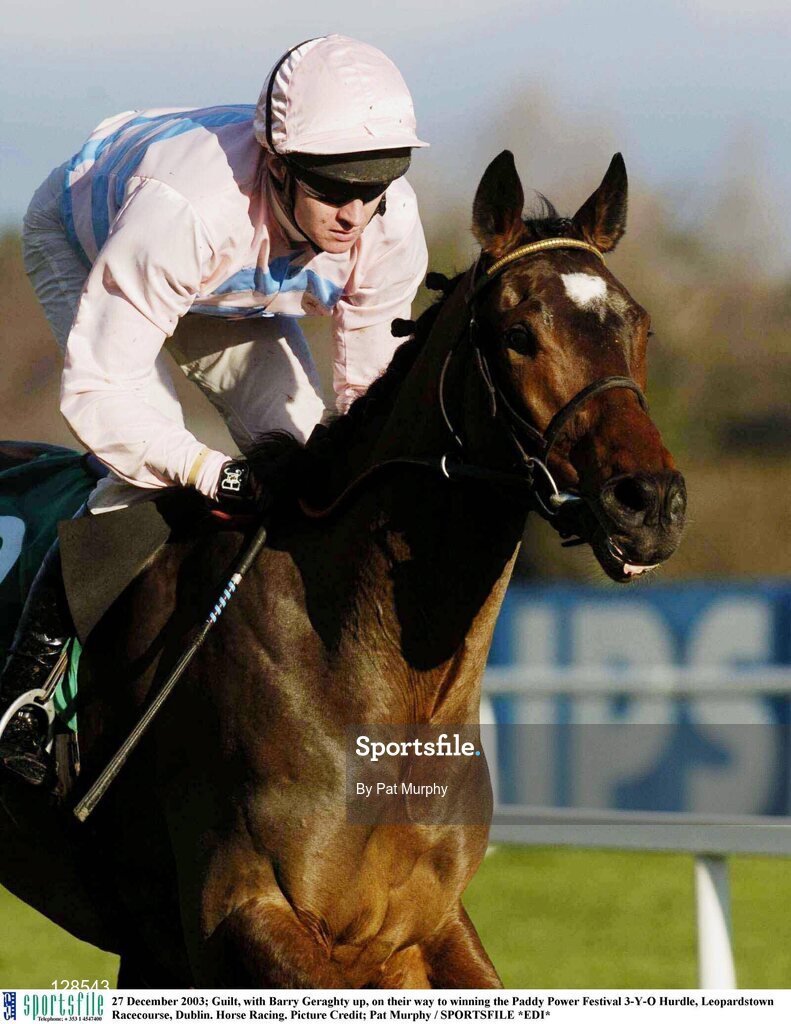 27 December 2003; Guilt, with Barry Geraghty up, on their way to winning the Paddy Power Festival 3-Y-O Hurdle, Leopardstown Racecourse, Dublin. Horse Racing. Picture Credit; Pat Murphy / SPORTSFILE *EDI*