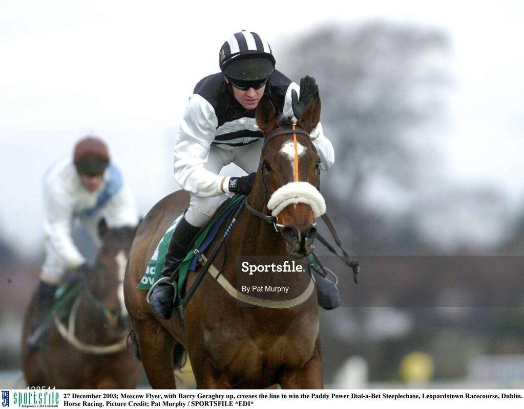 27 December 2003; Moscow Flyer, with Barry Geraghty up, crosses the line to win the Paddy Power Dial-a-Bet Steeplechase, Leopardstown Racecourse, Dublin. Horse Racing. Picture Credit; Pat Murphy / SPORTSFILE *EDI*