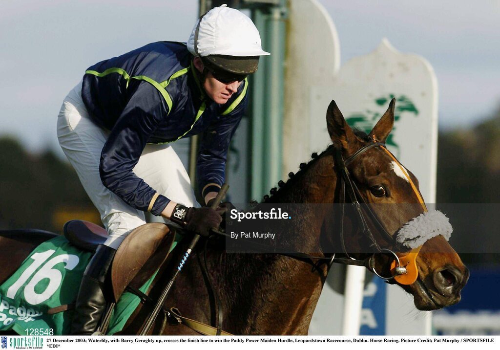 27 December 2003; Waterlily, with Barry Geraghty up, crosses the finish line to win the Paddy Power Maiden Hurdle, Leopardstown Racecourse, Dublin. Horse Racing. Picture Credit; Pat Murphy / SPORTSFILE *EDI*