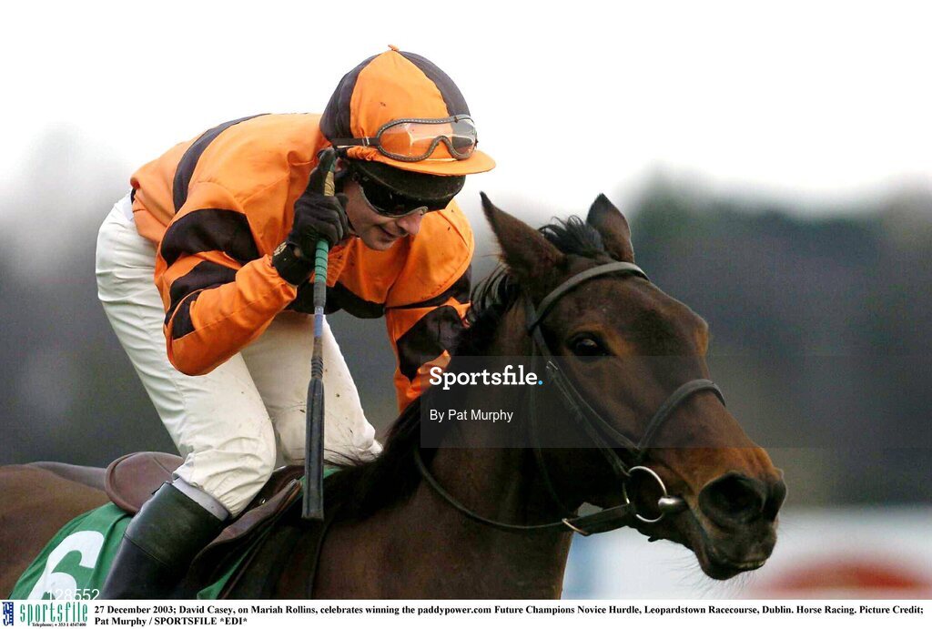 27 December 2003; David Casey, on Mariah Rollins, celebrates winning the paddypower.com Future Champions Novice Hurdle, Leopardstown Racecourse, Dublin. Horse Racing. Picture Credit; Pat Murphy / SPORTSFILE *EDI*