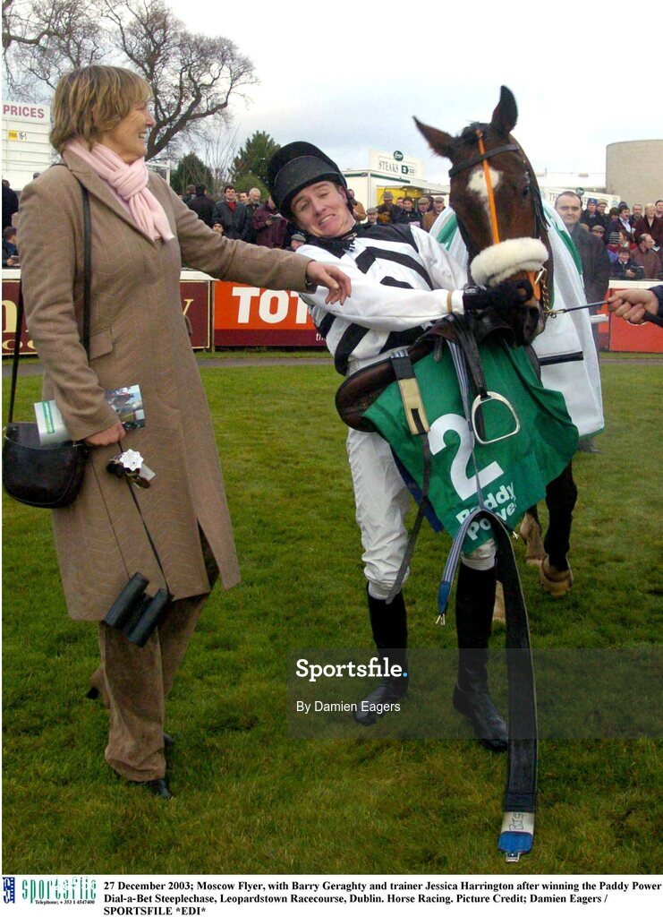27 December 2003; Moscow Flyer, with Barry Geraghty and trainer Jessica Harrington after winning the Paddy Power Dial-a-Bet Steeplechase, Leopardstown Racecourse, Dublin. Horse Racing. Picture Credit; Damien Eagers / SPORTSFILE *EDI*