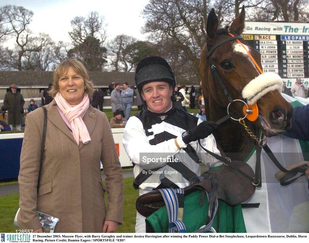 27 December 2003; Moscow Flyer, with Barry Geraghty and trainer Jessica Harrington after winning the Paddy Power Dial-a-Bet Steeplechase, Leopardstown Racecourse, Dublin. Horse Racing. Picture Credit; Damien Eagers / SPORTSFILE *EDI*