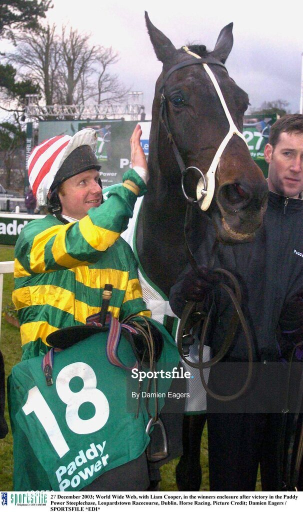 27 December 2003; World Wide Web, with Liam Cooper, in the winners enclosure after victory in the Paddy Power Steeplechase, Leopardstown Racecourse, Dublin. Horse Racing. Picture Credit; Damien Eagers / SPORTSFILE *EDI*