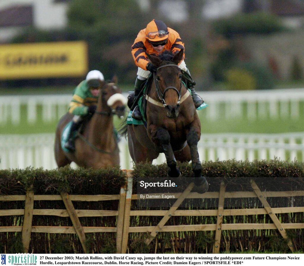27 December 2003; Mariah Rollins, with David Casey up, jumps the last on their way to winning the paddypower.com Future Champions Novice Hurdle, Leopardstown Racecourse, Dublin. Horse Racing. Picture Credit; Damien Eagers / SPORTSFILE *EDI*